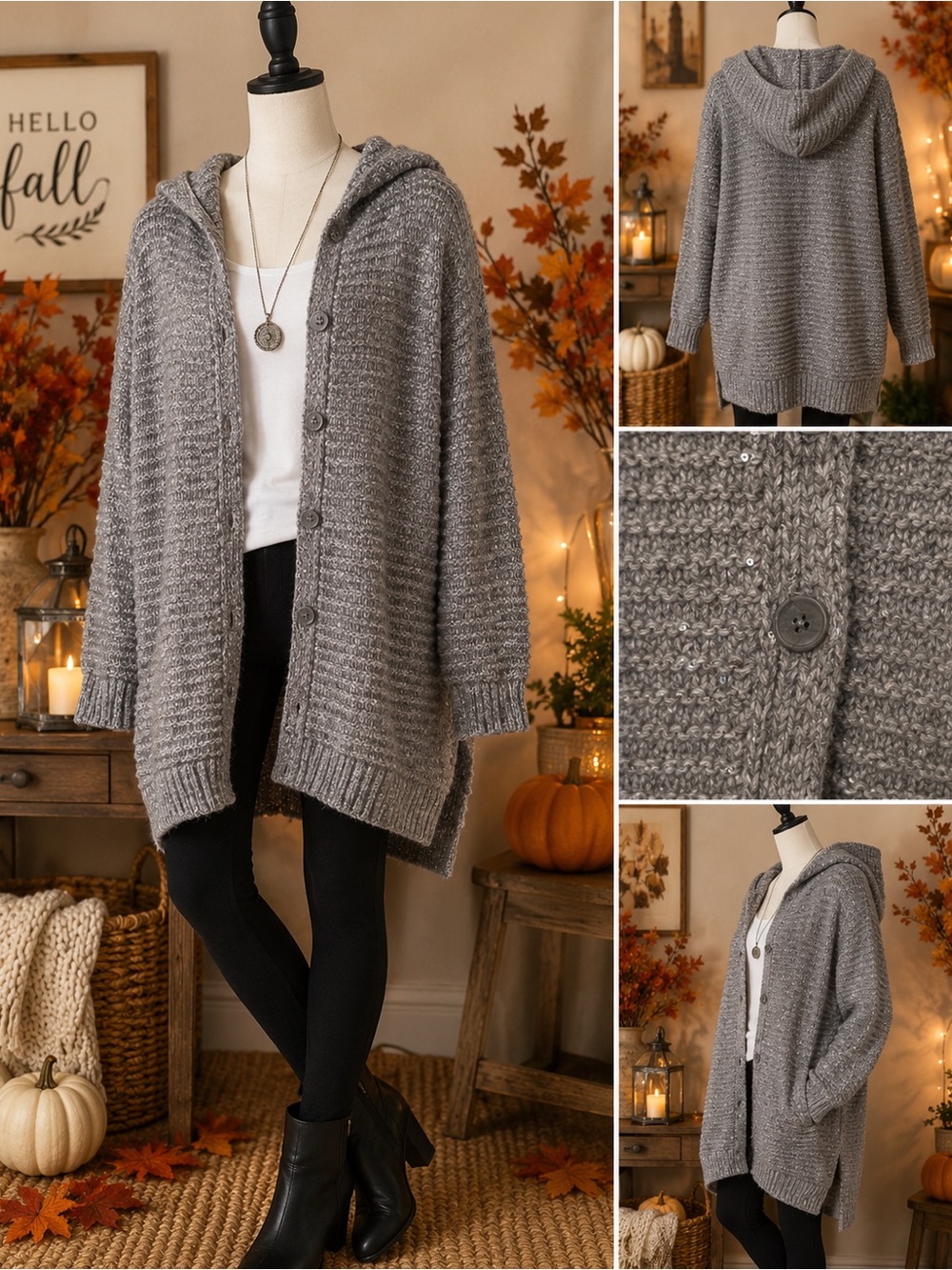 J. Jill Medium Gray Hooded Cocoon Cardigan Sweater Sequin Oversized Long Knit